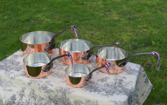 New NKC Copper Pans Professional Grade New Set of Graduated 12cm-20cm 1.4-1.7mm Tin Lined Copper Saucepans Iron Handles Steel Rivets By NKC