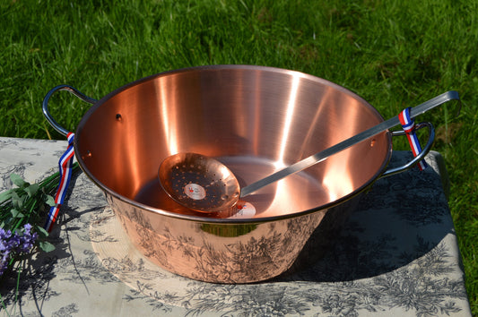 New NKC 38 cm Copper Jam Pan with Skimmer Normandy Kitchen Copper Jam Jelly Pan 38cm 15 Inch Rolled Top Stainless Handles Normandy Kitchen