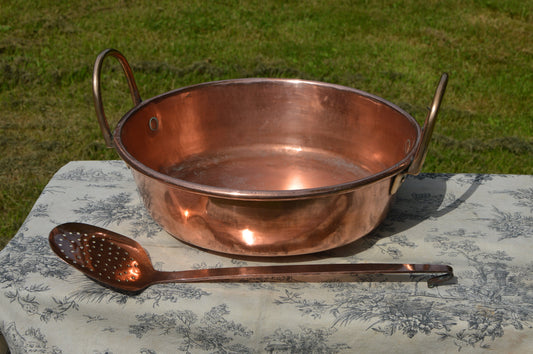 Jam Pan Antique Copper Professional Jelly Pan and Ecumoire 40cm Rolled Top 3.14 kilos 6lbs 15oz Copper Cast Bronze Handles Normandy Kitchen