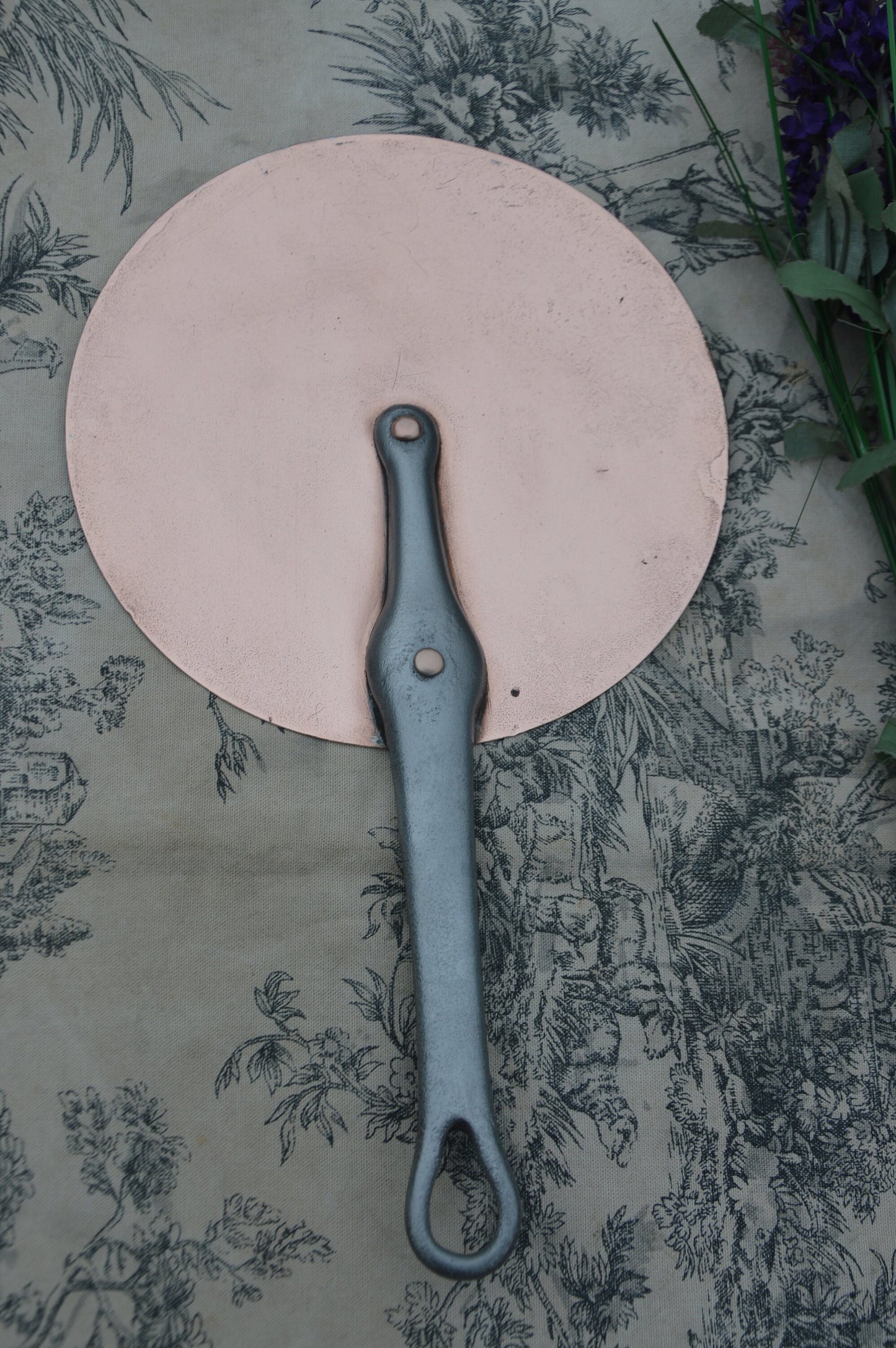 Antique Lid Hand Wiped New Tin French Iron Handle Couvercle for 18cm Pan Antique Splash Lid Copper Rivets and Iron Handle Lovely Old Lid