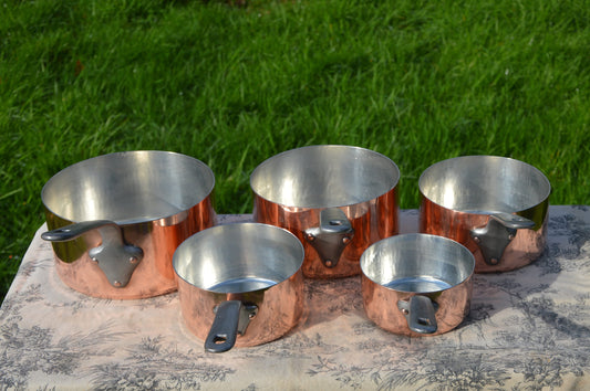 A La Menagere Set of Five Copper Saucepans Antique French Professional Hand Raised Pots 1.2-1.6mm Forged Iron Handle New Artisan Tin Lined