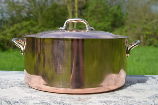 Vintage Copper Bassine à Ragoût Casserole Artisan New Hand Wiped Tin Made 26cm 10 1/4 Inch Pot Dutch Oven 1.7mm Round Big Pot Lid Edge Dents