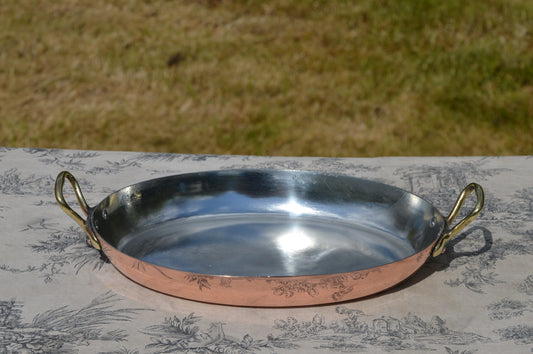 Antique Copper Gratin Pan French Vintage Copper New Artisan Tin Roasting Dish Oval Oven 26cm 10 1/2" Bronze Handles Villedieu