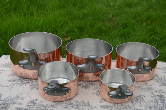 Copper Pans New Artisan Hand Wiped Tin Five 2.1-2.9mm Vintage French Set Graduated Made in France Unmarked Manufacture Fabulous Pans