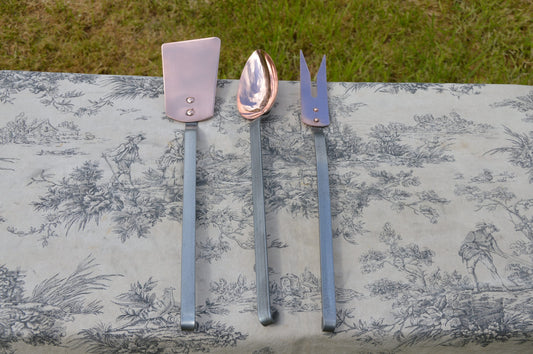 Utensils Quality Vintage French Copper Wrought Iron Set of Utensils Kitchen Three Magnificent Set Cooking Copper Rivets