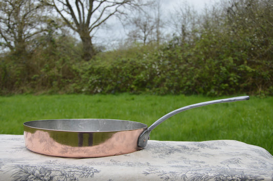 Antique Copper Saute Pan Hand Raised 1.5mm 28cm 11 Inch French Pot Wrought Iron Handle New Tin Totally Refurbished Artisan Maker 'Dot'