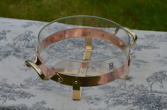 Nils Johan Copper Vintage Swedish Serving Dish with  Copper Frame Brass and Copper Handles Glass Interior