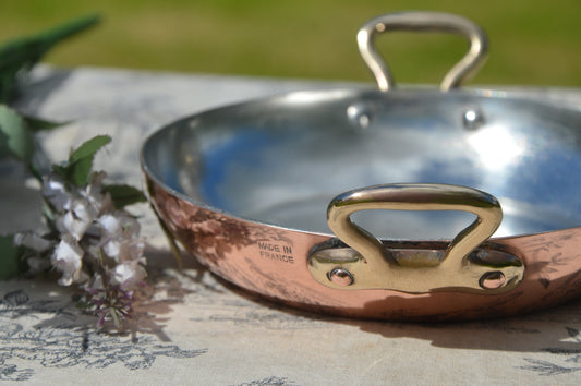 New Tin Gratin Pan French Copper Pan Vintage Copper Dish Round 14cm 5 1/2 Inches Copper Pans Three Copper Rivets Bronze Handles Villedieu